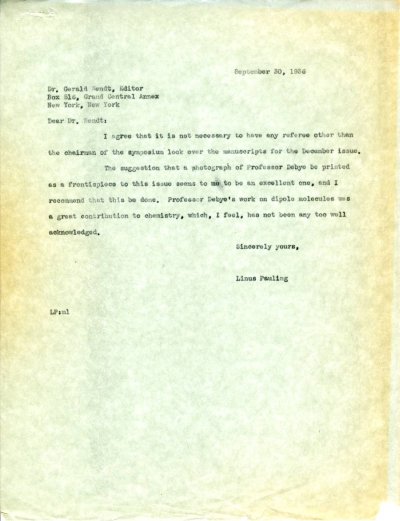 Letter from Linus Pauling to Gerald Wendt. Page 1. September 30, 1936
