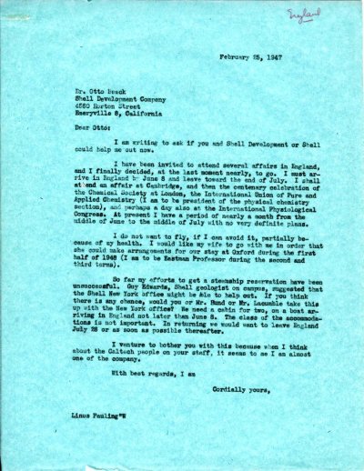 Letter from Linus Pauling to Otto Beeck. Page 1. February 25, 1947