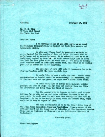 Letter from Linus Pauling to P.B. Dick. Page 1. February 17, 1947