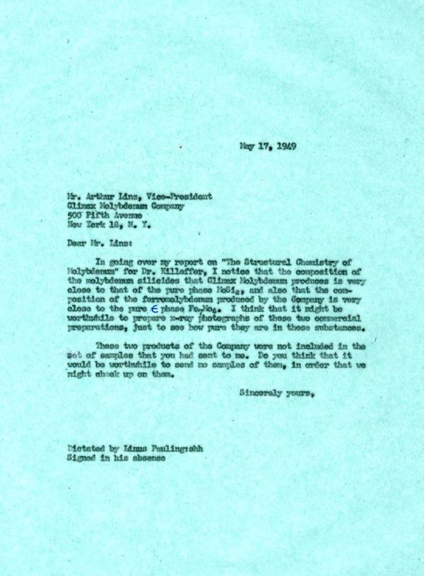 Letter from Linus Pauling to Arthur Linz. Page 1. May 17, 1949