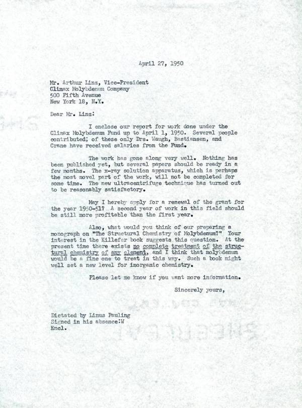 Letter from Linus Pauling to Arthur Linz, Climax Molybdenum Co. Page 1. April 27, 1950