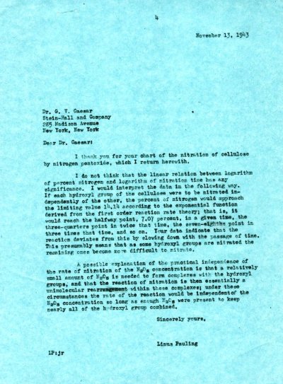Letter from Linus Pauling to G.V. Caeser. Page 1. November 13, 1943