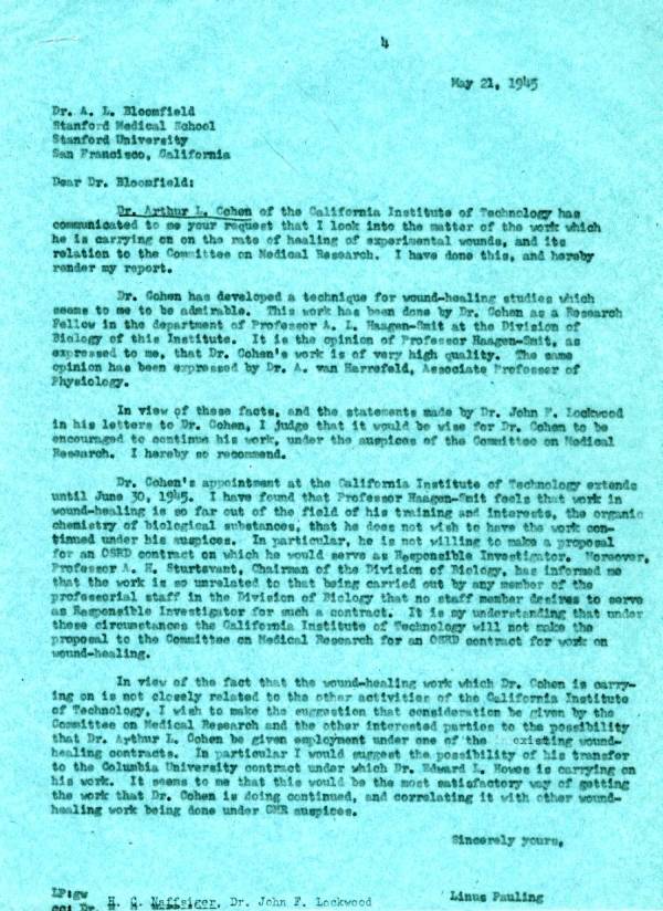 Letter from Linus Pauling to A.L. Bloomfield. Page 1. May 21, 1945