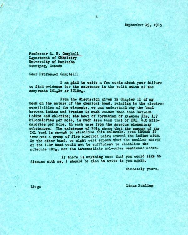 Letter from Linus Pauling to A. N. Campbell. Page 1. September 19, 1945