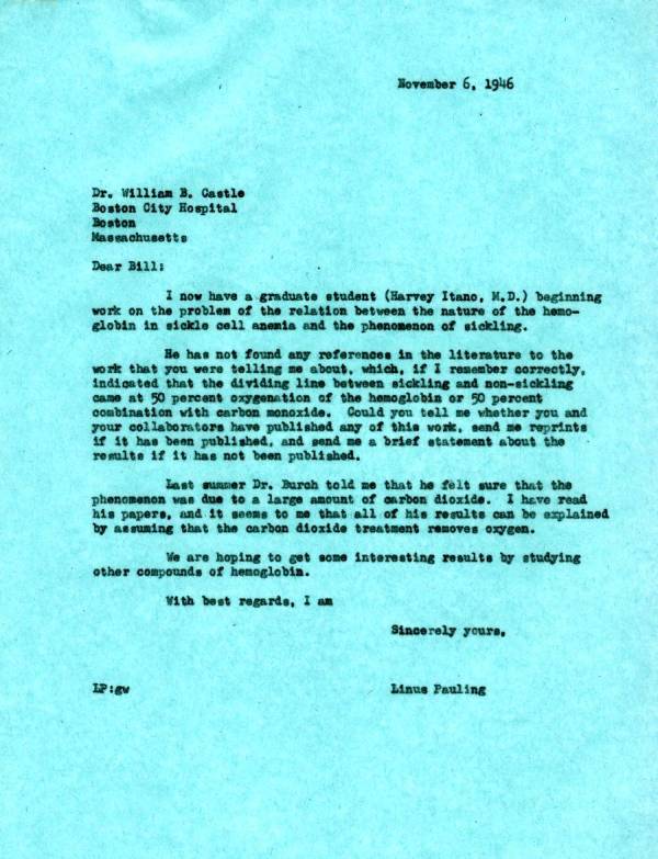 Letter from Linus Pauling to William Castle. Page 1. November 6, 1946