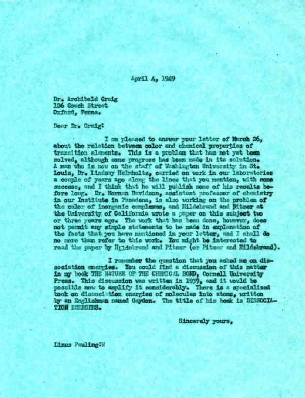 Letter from Linus Pauling to Archibald Craig. Page 1. April 4, 1949
