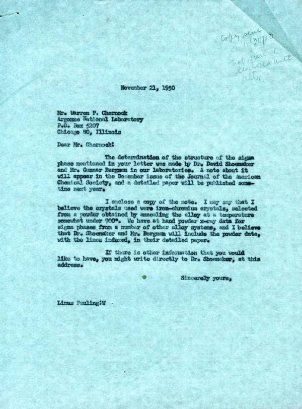 Letter from Linus Pauling to Warren Chernock. Page 1. November 21, 1950