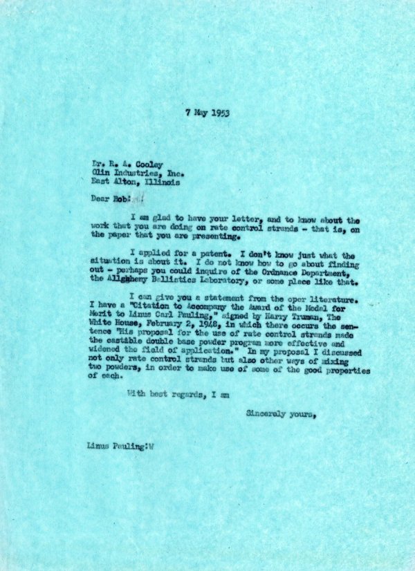 Letter from Linus Pauling to R.A. Cooley. Page 1. May 7, 1953