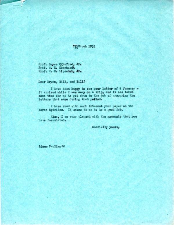 Letter from Linus Pauling to Bryce Crawford, Jr., W.H. Eberhardt and W.N. Lipscomb, Jr. Page 1. March 30, 1954