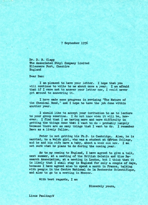 Letter from Linus Pauling to D.B. Clapp. Page 1. September 7, 1956