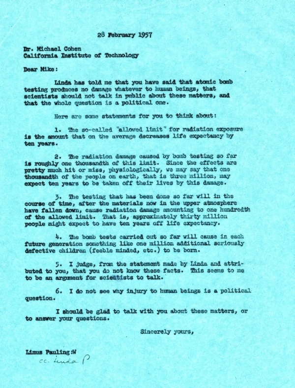 Letter from Linus Pauling to Michael Cohen. Page 1. February 28, 1957