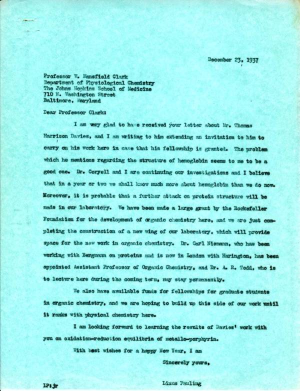 Letter from Linus Pauling to W. Mansfield Clark. Page 1. December 23, 1937