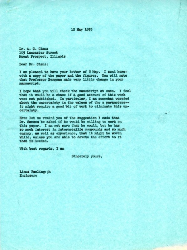 Letter from Linus Pauling to A.C. Claus. Page 1. May 12, 1959