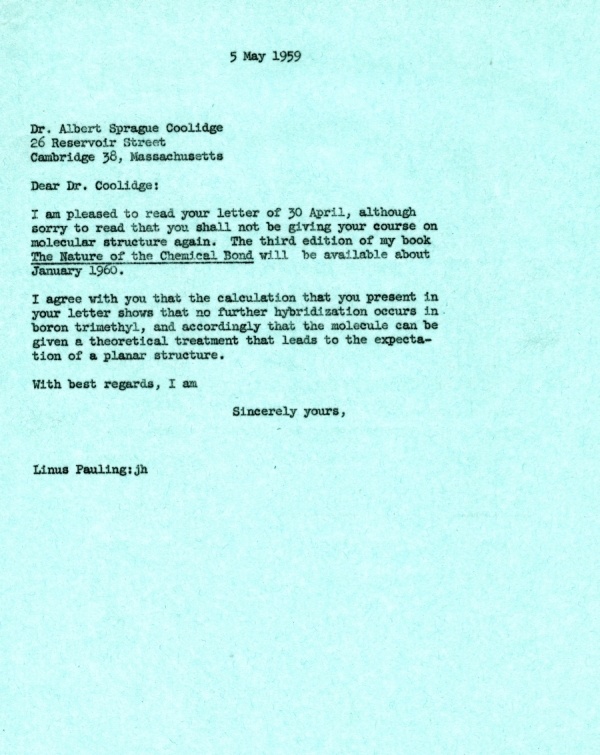 Letter from Linus Pauling to Albert Sprague Coolidge. Page 1. May 5, 1959
