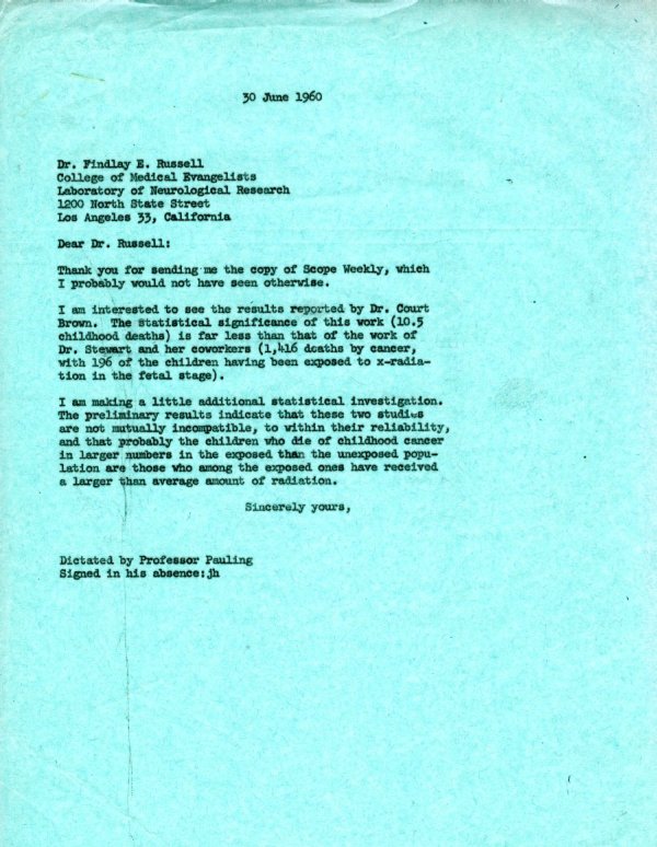 Letter from Linus Pauling to Findlay E. Russell. Page 1. June 30, 1960