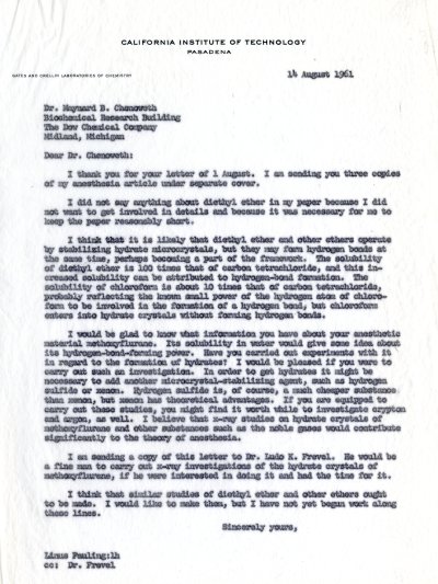 Letter from Linus Pauling to Maynard B. Chenoweth. Page 1. August 14, 1961