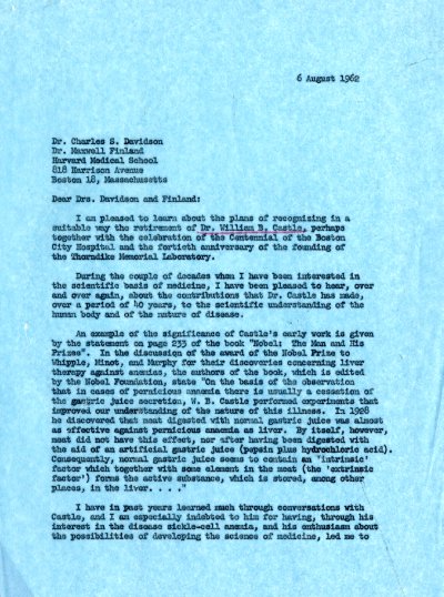 Letter from Linus Pauling to Charles S. Davidson and Maxwell Finland. Page 1. August 6, 1962
