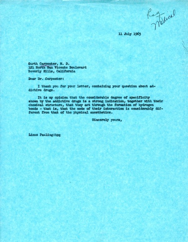 Letter from Linus Pauling to Garth Carpenter. Page 1. July 11, 1963