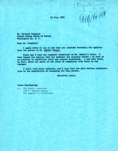 Letter from Linus Pauling to Richard Chappell. Page 1. June 23, 1963