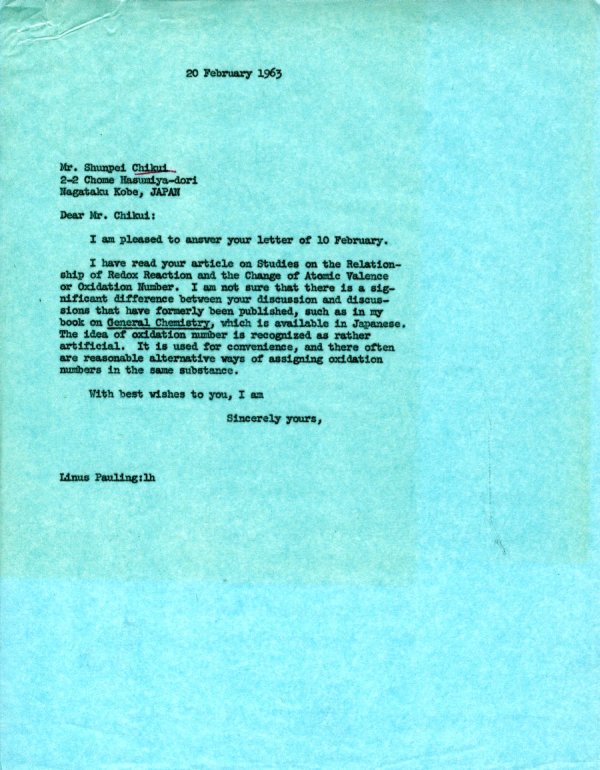 Letter from Linus Pauling to Sunpei Chikui. Page 1. February 20, 1963