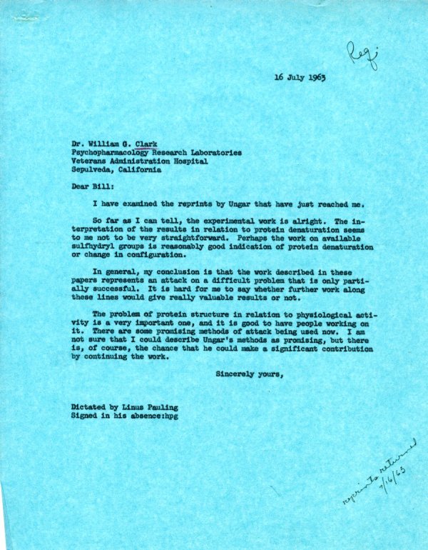 Letter from Linus Pauling to William G. Clark. Page 1. July 16, 1963