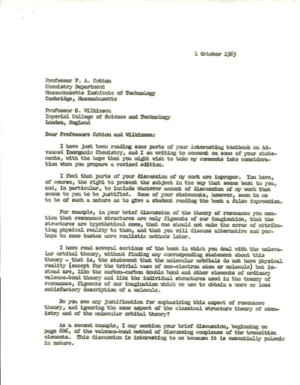 Letter from Linus Pauling to F. A. Cotton and Geoffrey Wilkinson. Page 1. October 1, 1963