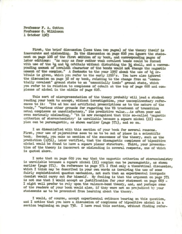 Letter from Linus Pauling to F. A. Cotton and Geoffrey Wilkinson. Page 2. October 1, 1963