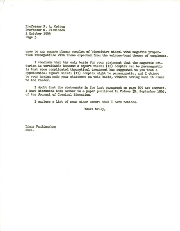 Letter from Linus Pauling to F. A. Cotton and Geoffrey Wilkinson. Page 3. October 1, 1963