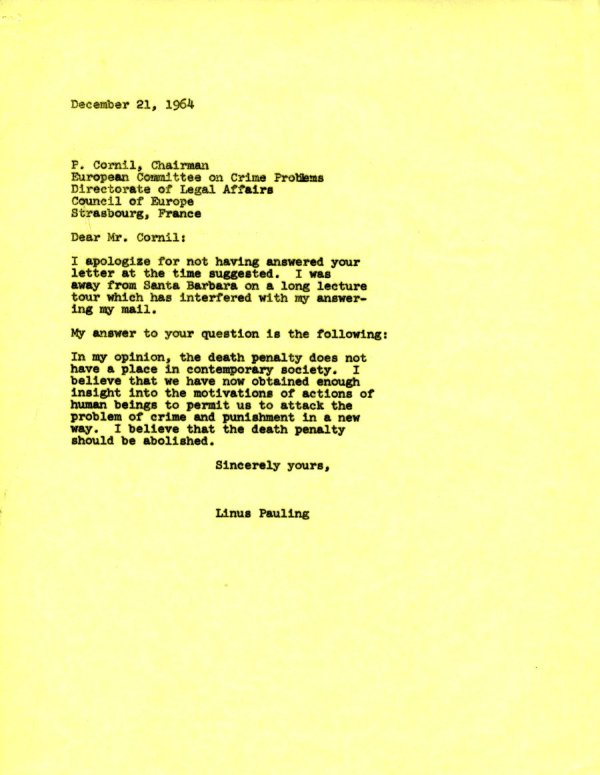 Letter from Linus Pauling to P. Cornil. Page 1. December 21, 1964