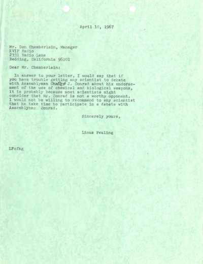 Letter from Linus Pauling to Don Chamberlain. Page 1. April 10, 1967