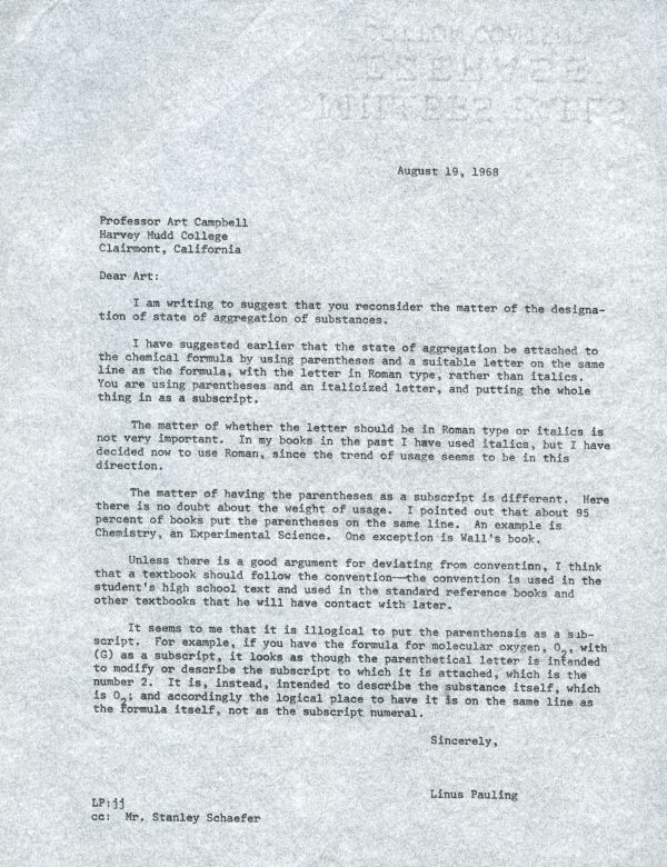 Letter from Linus Pauling to Art Campbell. Page 1. August 19, 1968