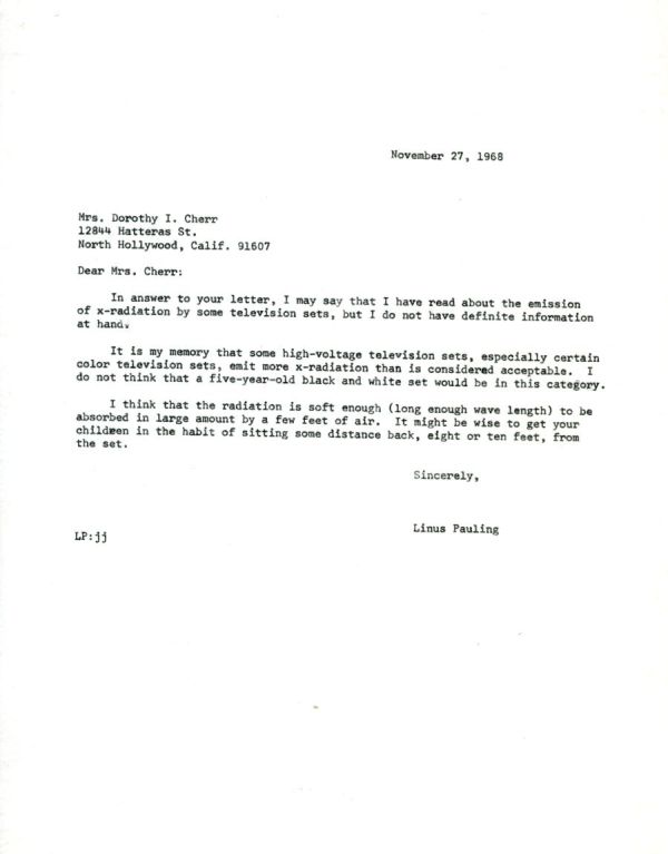 Letter from Linus Pauling to Dorothy I. Cherr. Page 1. November 27, 1968