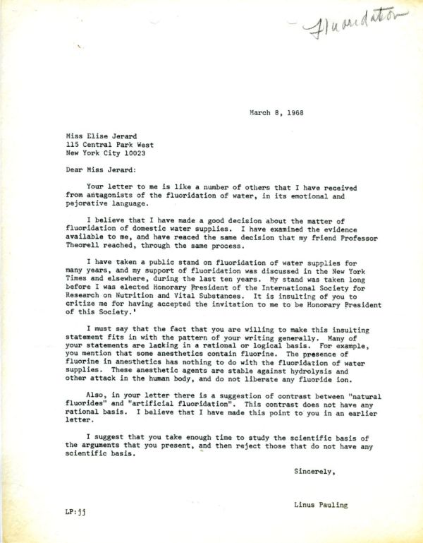 Letter from Linus Pauling to Elise Jerard. Page 1. March 8, 1968