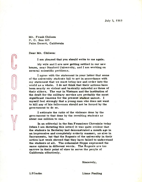 Letter from Linus Pauling to Frank Chilson. Page 1. July 3, 1969