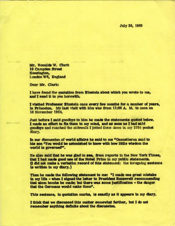 Letter from Linus Pauling to Ronalds W. Clark. Page 1. July 28, 1969