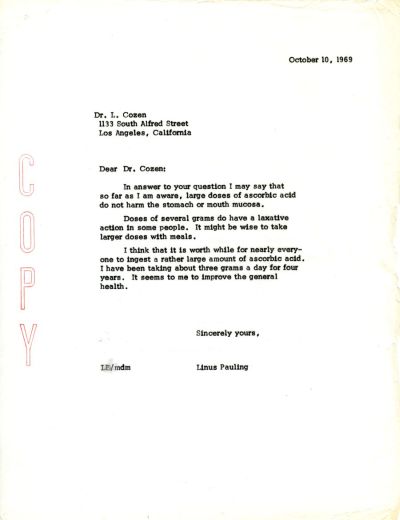 Letter from Linus Pauling to L. Cozen. Page 1. October 10, 1969