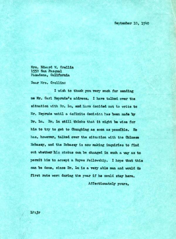 Letter from Linus Pauling to Amy Crellin. Page 1. September 10, 1940