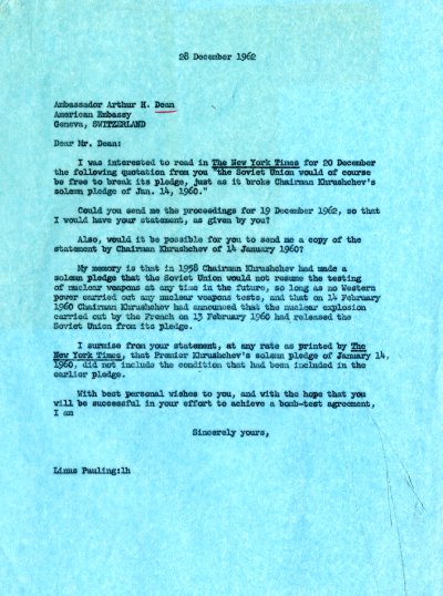 Letter from Linus Pauling to Ambassador Arthur H. Dean. Page 1. December 18, 1962
