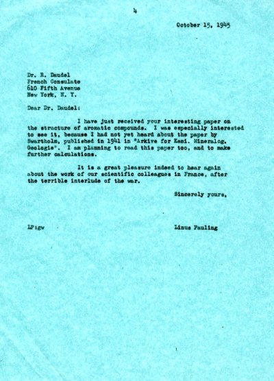 Letter from Linus Pauling to Raymond Daudel. Page 1. October 15, 1945