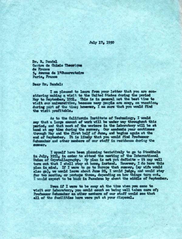 Letter from Linus Pauling to Raymond Daudel. Page 1. July 17, 1950