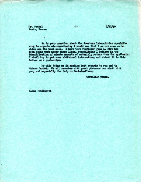Letter from Linus Pauling to Raymond Daudel. Page 2. July 17, 1950