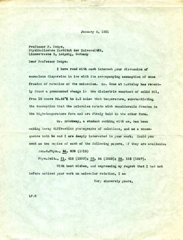 Letter from Linus Pauling to Peter Debye. Page 1. January 8, 1931