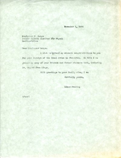 Letter from Linus Pauling to Peter Debye. Page 1. December 1, 1936