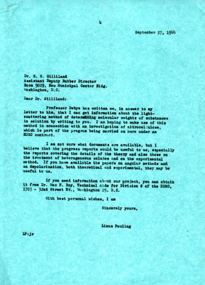 Letter from Linus Pauling to E.R. Gilliland. Page 1. September 27, 1944