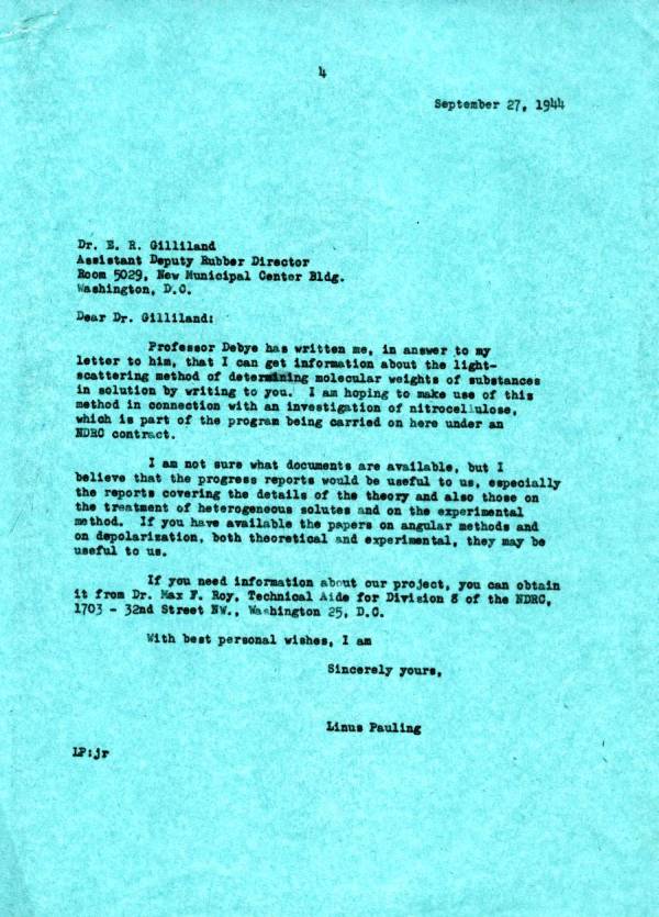 Letter from Linus Pauling to E.R. Gilliland. Page 1. September 27, 1944