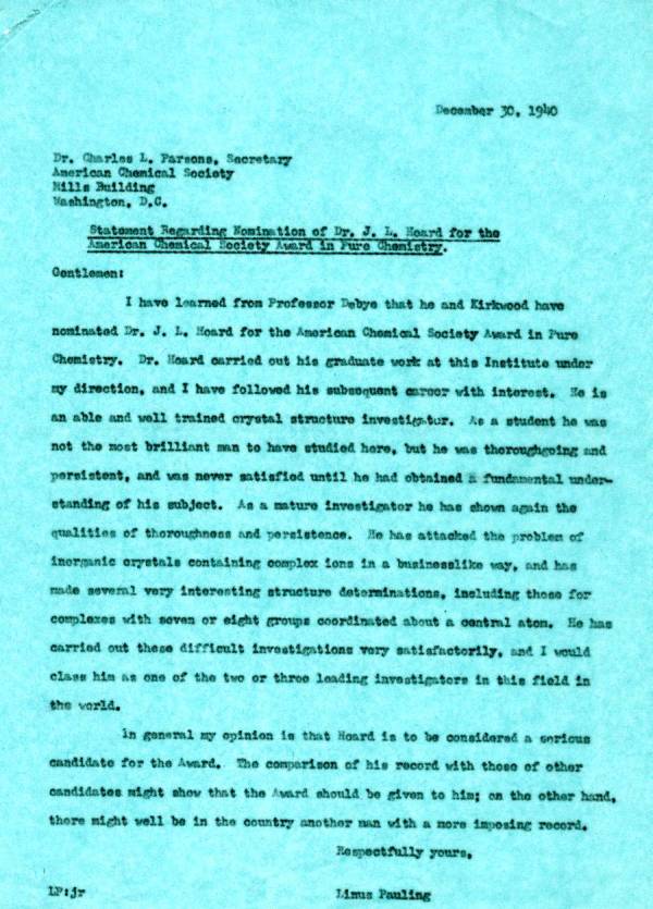 Letter from Linus Pauling to Charles L. Parsons. Page 1. December 30, 1940