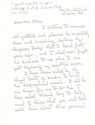 Letter from Linus Pauling to Mathilde Debye. Page 1. March 26, 1967