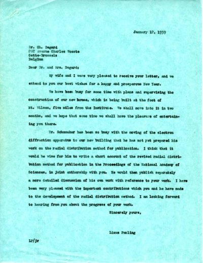 Letter from Linus Pauling to Charles Degard. Page 1. January 12, 1939