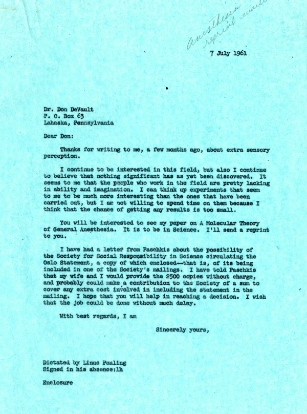 Letter from Linus Pauling to Don DeVault. Page 1. July 7, 1961