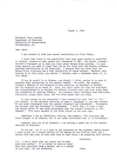 Letter from Linus Pauling to Jerry Donohue. Page 1. August 5, 1968